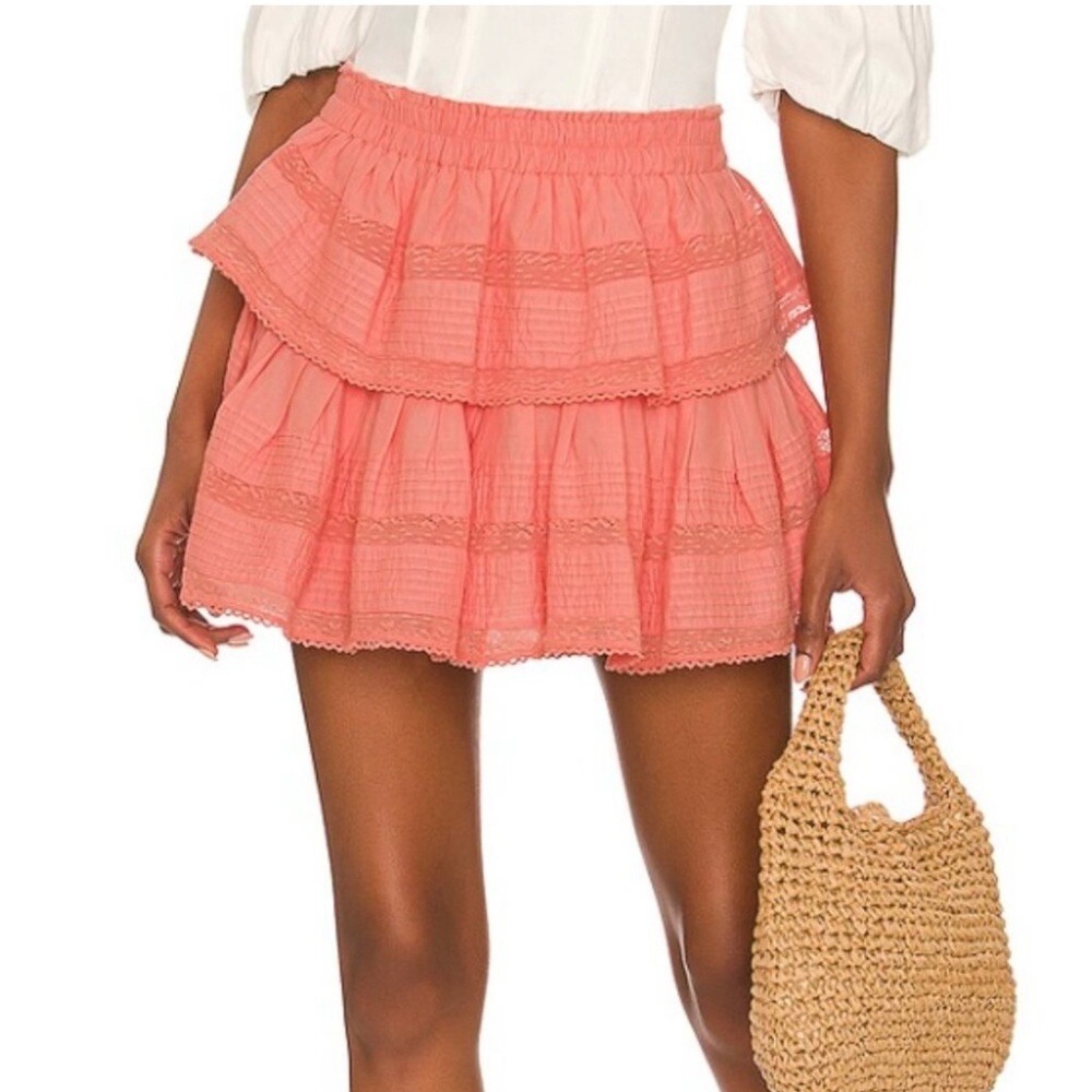 LoveShackFancy Ruffle Mini Skirt Peach Blossom Pink Cotton Lace Tiered Small NEW